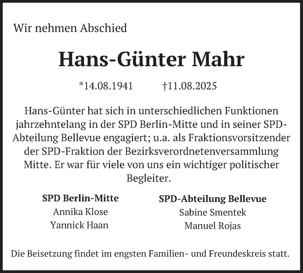  Traueranzeige für Hans-Günter Mahr vom 23.08.2025 aus Berliner Zeitung