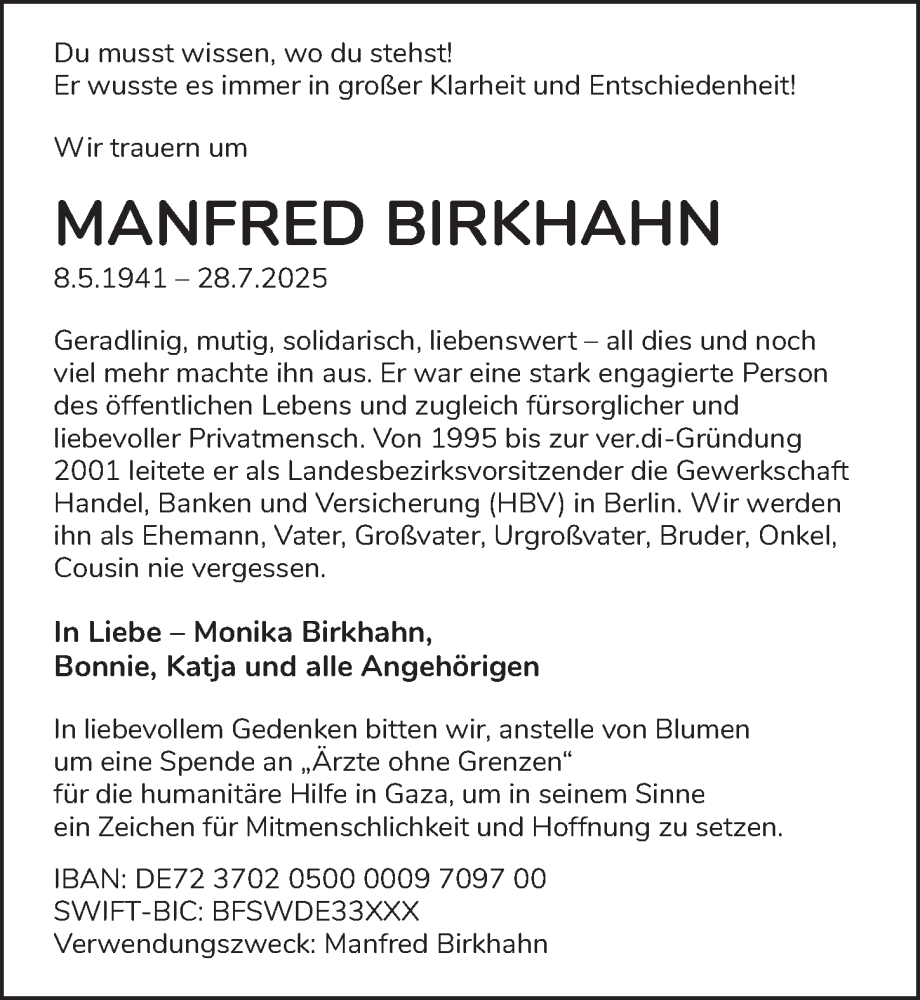  Traueranzeige für Manfred Birkhahn vom 30.08.2025 aus Berliner Zeitung