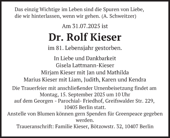 Traueranzeige von Rolf Kieser von Berliner Zeitung
