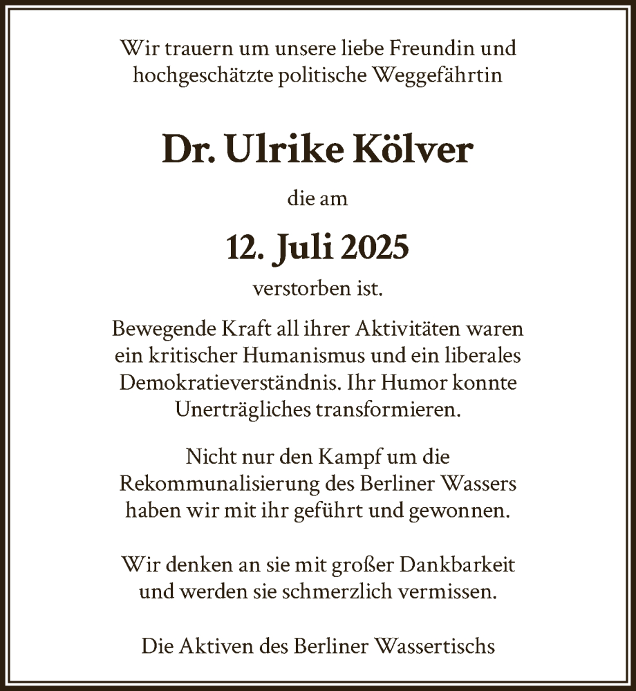  Traueranzeige für Ulrike Kölver vom 09.08.2025 aus Berliner Zeitung