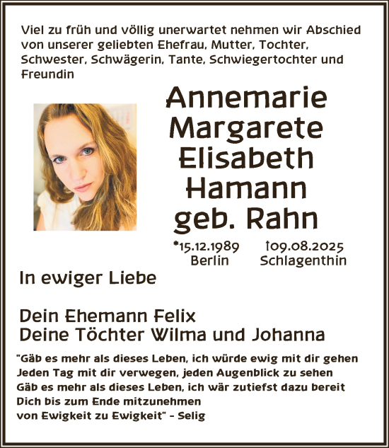 Traueranzeige von Annemarie Margarete Elisabeth Hamann von Berliner Zeitung