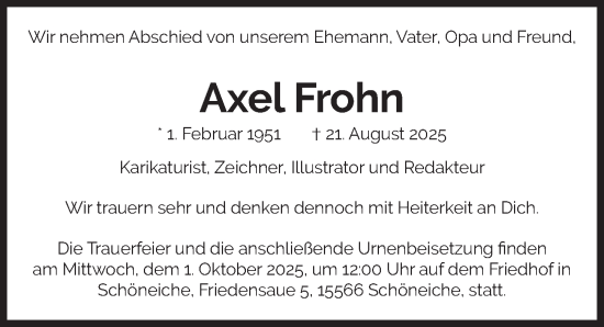 Traueranzeige von Axel Frohn von Berliner Zeitung