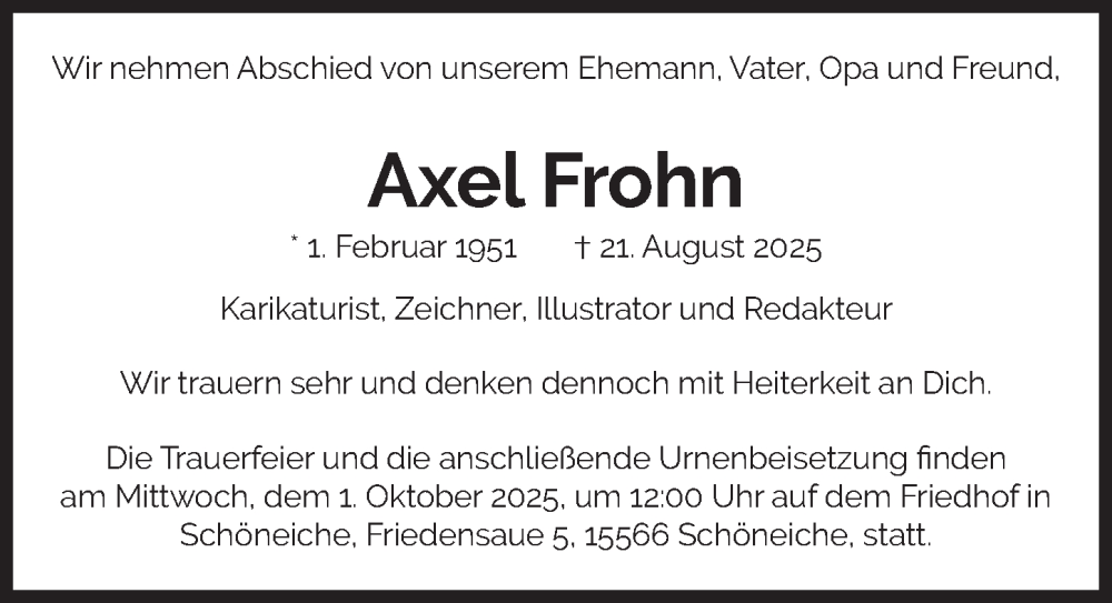  Traueranzeige für Axel Frohn vom 20.09.2025 aus Berliner Zeitung