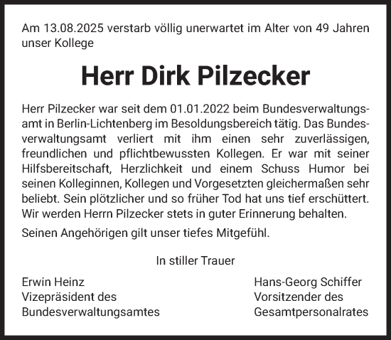 Traueranzeige von Dirk Pilzecker von Berliner Zeitung