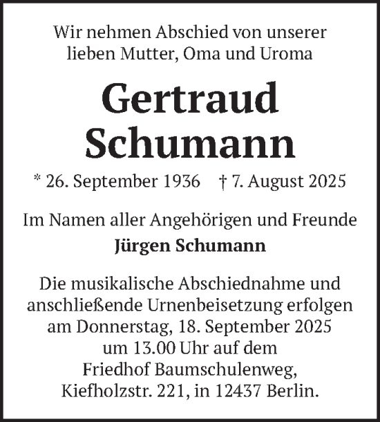 Traueranzeige von Gertraud Schumann von Berliner Zeitung