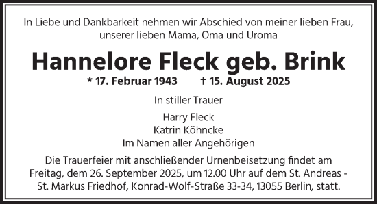 Traueranzeige von Hannelore Fleck von Berliner Zeitung
