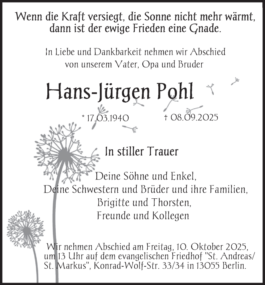  Traueranzeige für Hans-Jürgen Pohl vom 27.09.2025 aus Berliner Zeitung