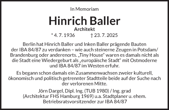 Traueranzeige von Hinrich Baller von Berliner Zeitung