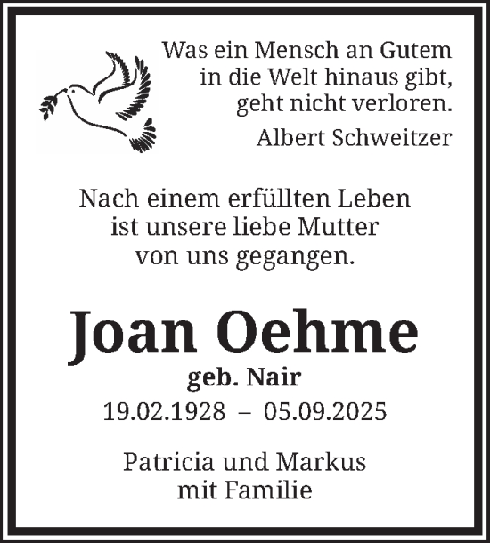 Traueranzeige von Joan Oehme von Berliner Zeitung