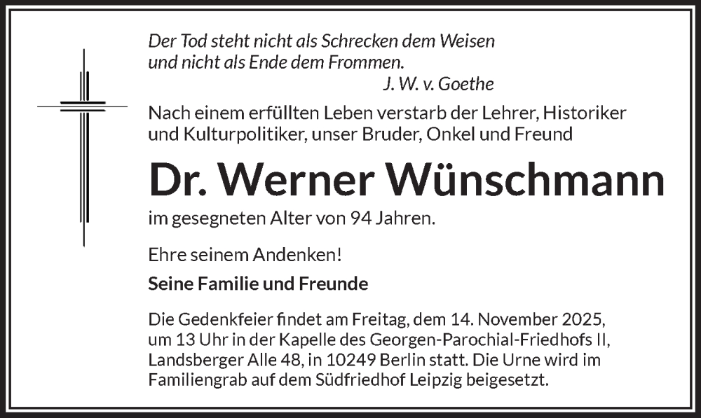  Traueranzeige für Werner Wünschmann vom 27.09.2025 aus Berliner Zeitung