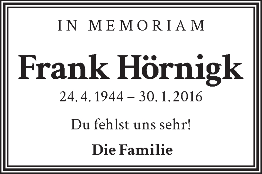  Traueranzeige für Frank Hörnigk vom 24.01.2026 aus Berliner Zeitung