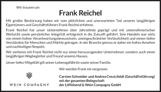 Traueranzeige von Frank Reichel von Berliner Zeitung