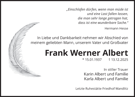 Traueranzeige von Frank Werner Albert von Berliner Zeitung