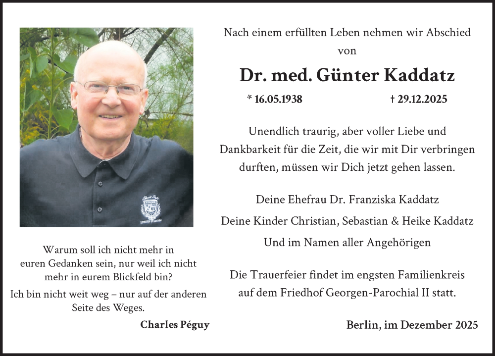  Traueranzeige für Günter Kaddatz vom 07.01.2026 aus Berliner Zeitung