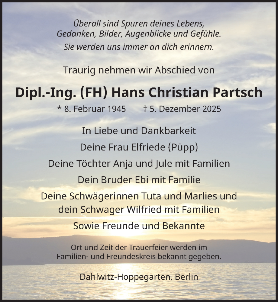 Traueranzeige für Hans Christian Partsch vom 17.01.2026 aus Berliner Zeitung
