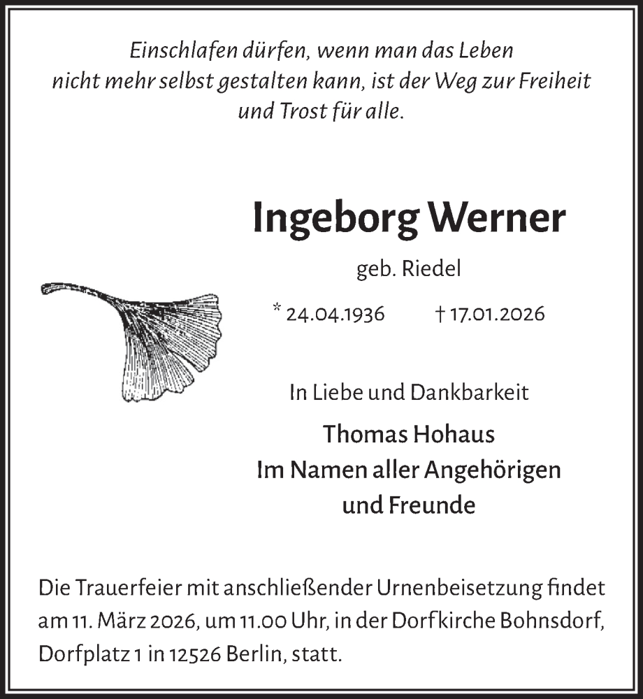  Traueranzeige für Ingeborg Werner vom 31.01.2026 aus Berliner Zeitung