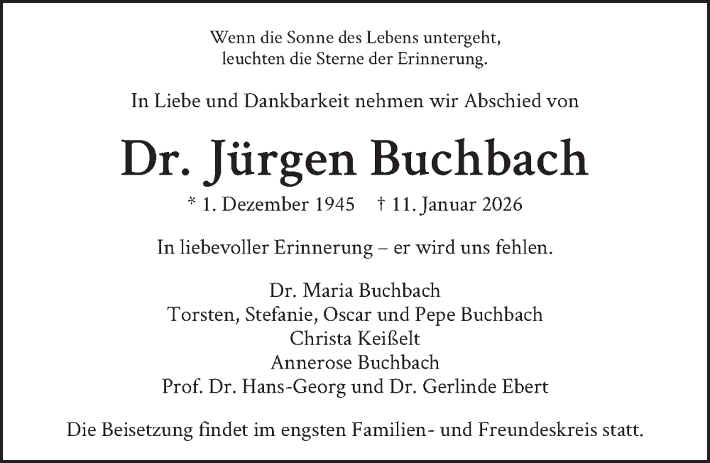  Traueranzeige für Jürgen Buchbach vom 17.01.2026 aus Berliner Zeitung