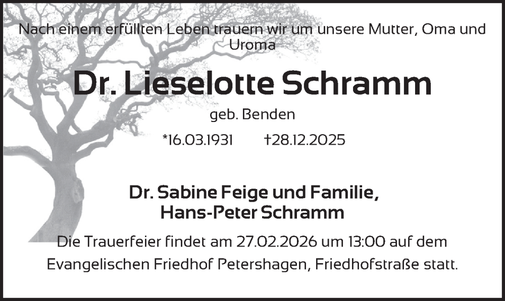  Traueranzeige für Lieselotte Schramm vom 10.01.2026 aus Berliner Zeitung