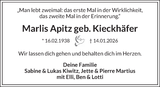 Traueranzeige von Marlis Apitz von Berliner Zeitung