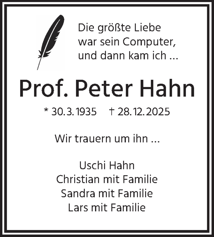  Traueranzeige für Peter Hahn vom 14.01.2026 aus Berliner Zeitung