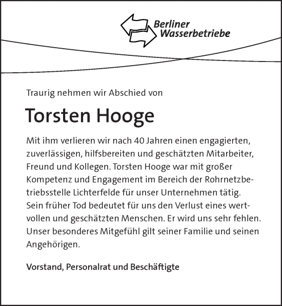 Traueranzeige von Torsten Hooge von Berliner Zeitung