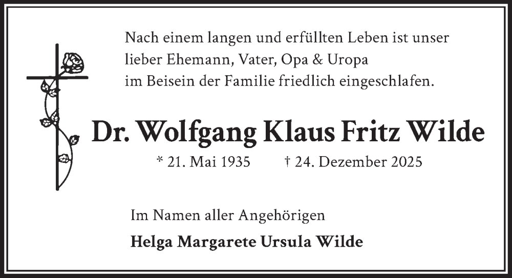  Traueranzeige für Wolfgang Klaus Fritz Wilde vom 24.01.2026 aus Berliner Zeitung