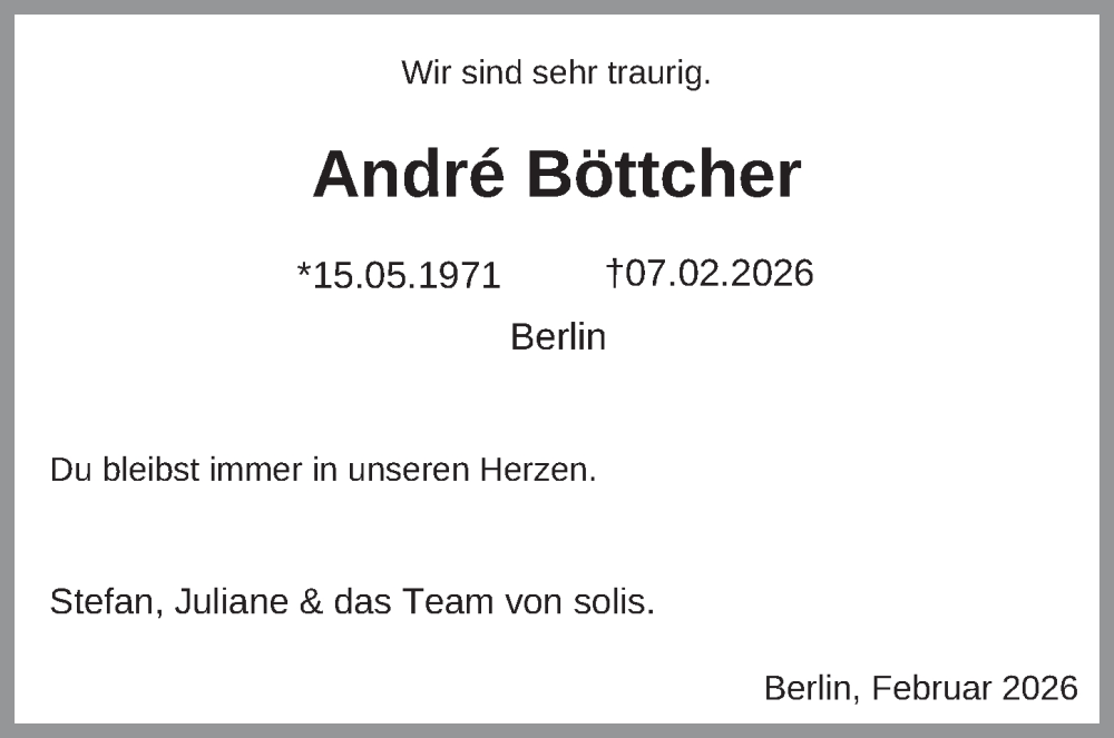  Traueranzeige für André Böttcher vom 14.02.2026 aus Berliner Zeitung