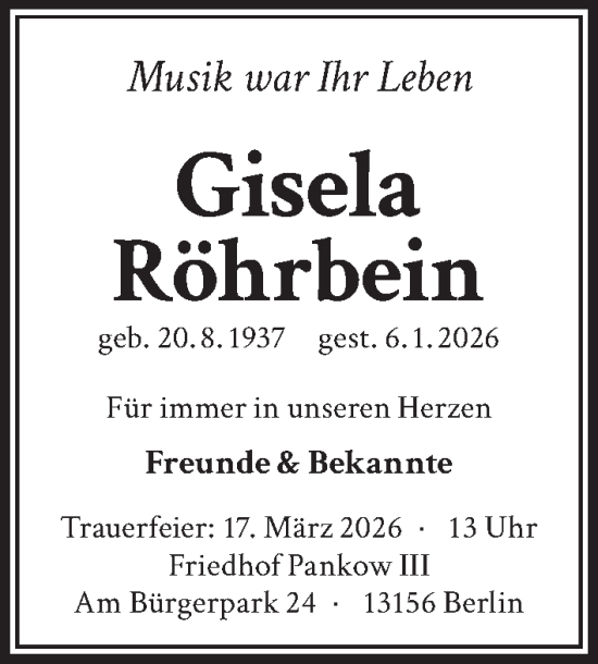 Traueranzeige von Gisela Röhrbein von Berliner Zeitung