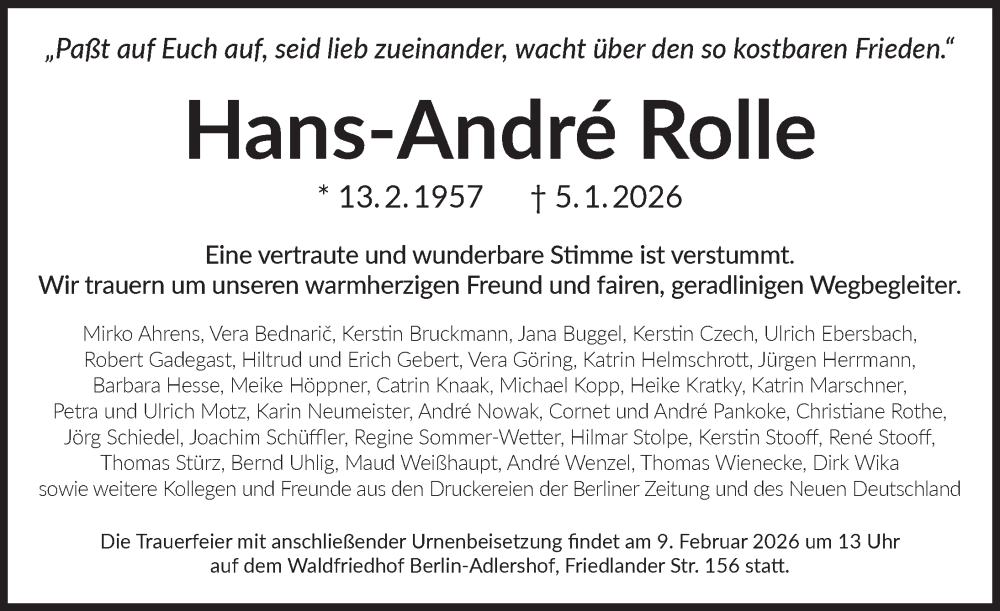  Traueranzeige für Hans-André Rolle vom 24.01.2026 aus Berliner Zeitung