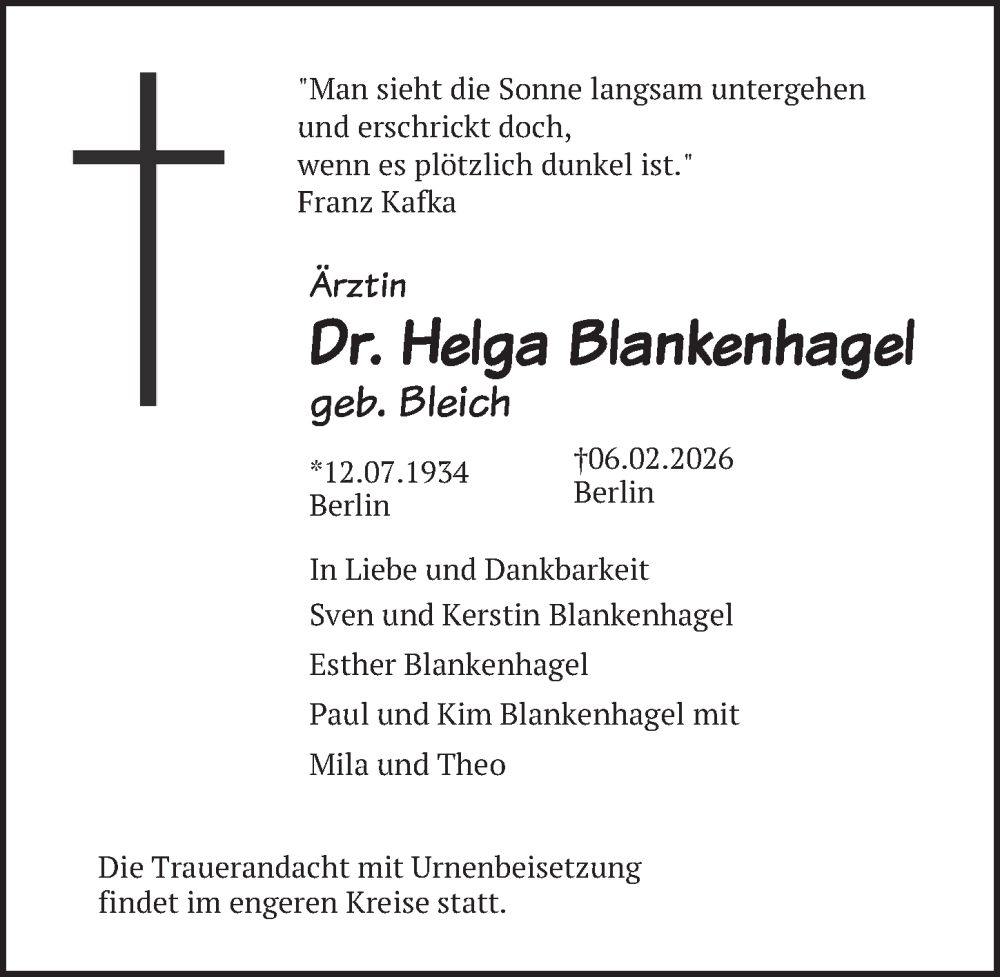 Traueranzeige für Helga Blankenhagel vom 10.02.2026 aus Berliner Zeitung