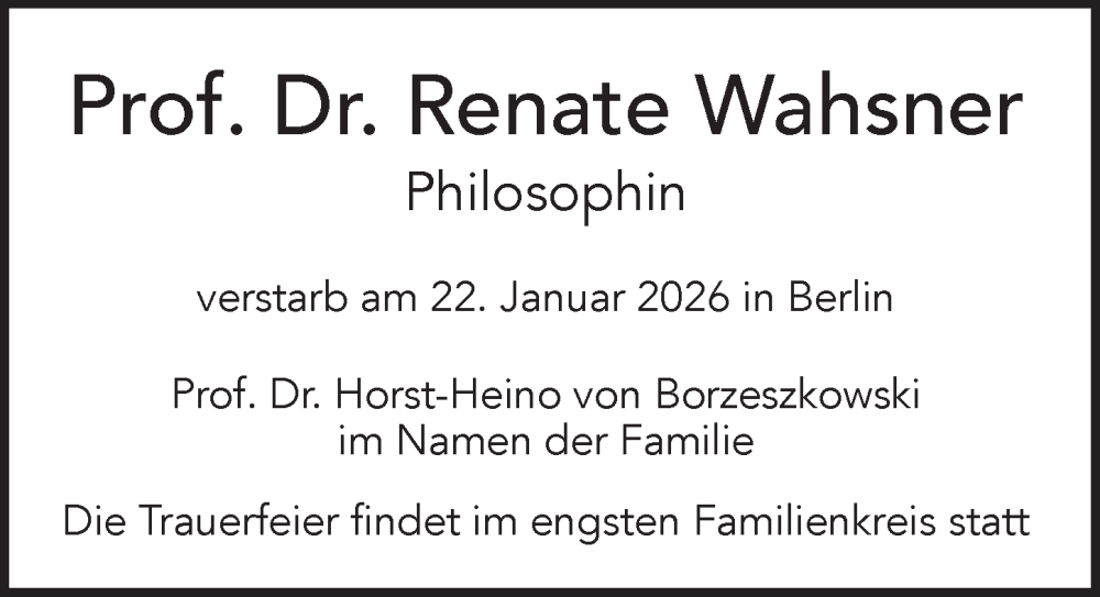  Traueranzeige für Renate Wahsner vom 14.02.2026 aus Berliner Zeitung