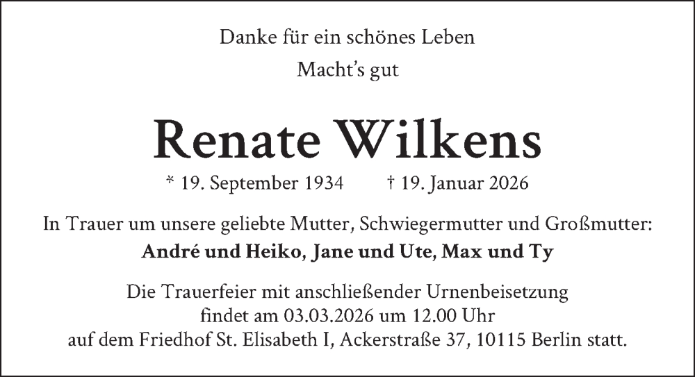  Traueranzeige für Renate Wilkens vom 07.02.2026 aus Berliner Zeitung