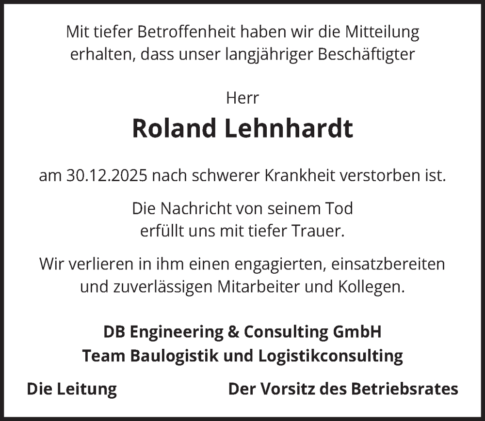  Traueranzeige für Roland Lehnhardt vom 14.02.2026 aus Berliner Zeitung
