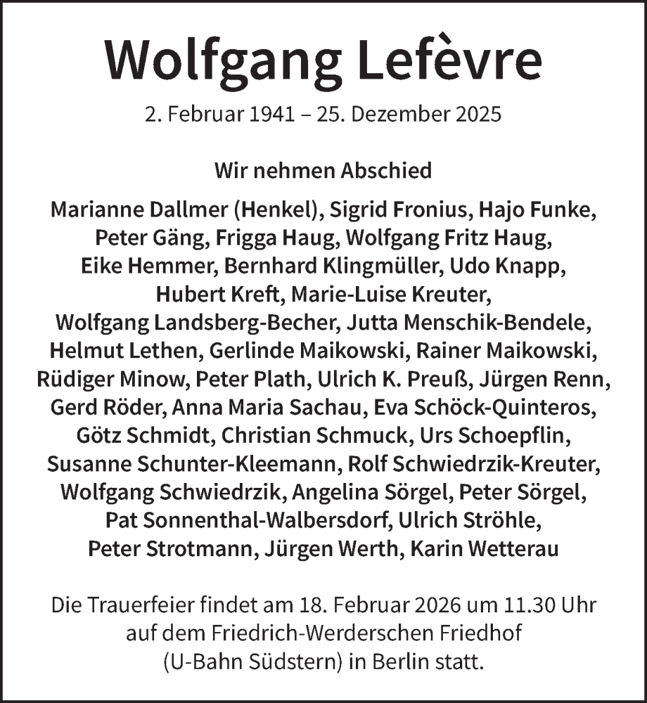  Traueranzeige für Wolfgang Lefèvre vom 07.02.2026 aus Berliner Zeitung